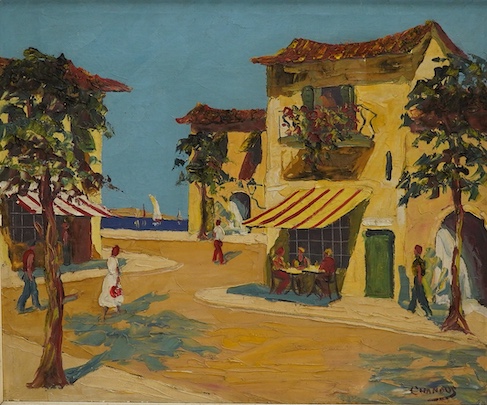 Chandos, Mediterranean street scene before a harbour, signed, impasto oil on canvas, 49 x 59cm